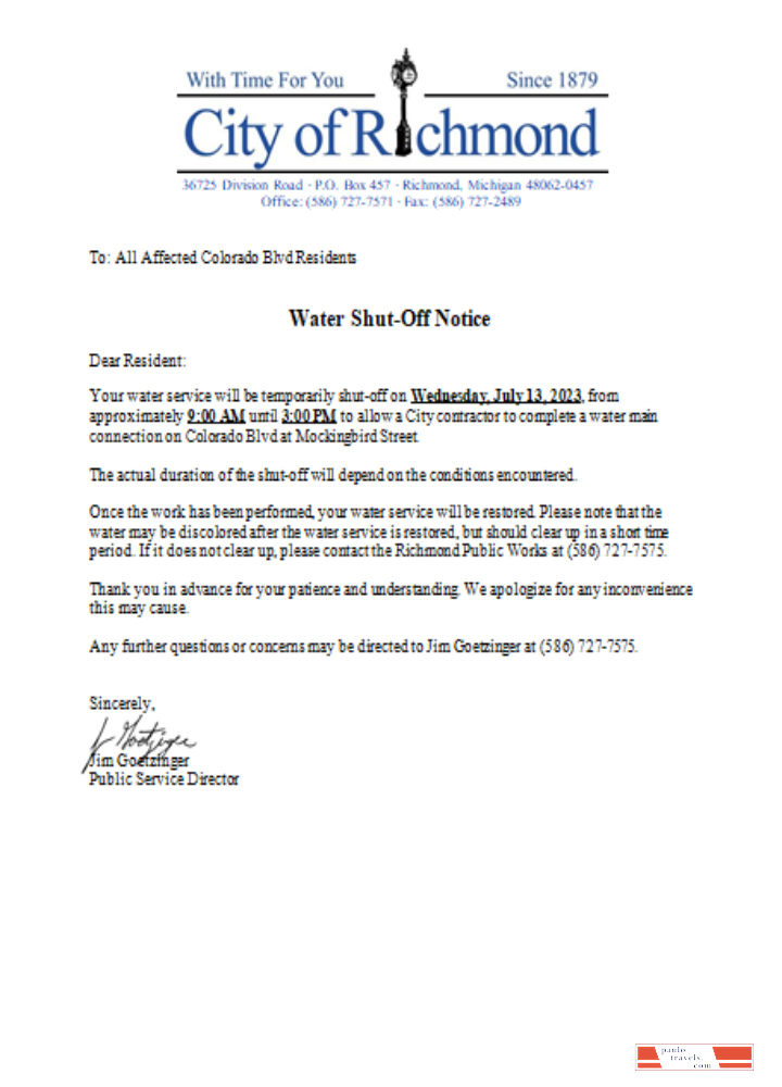 Michigan City of Richmond water shut off notice utility business bill, SCR PSD template